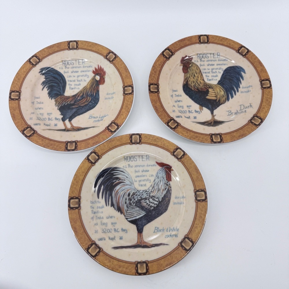 Henriette Rooster Salad Plates Set of 3 Farmhouse Porcelain Tan Multicolor 7.5"